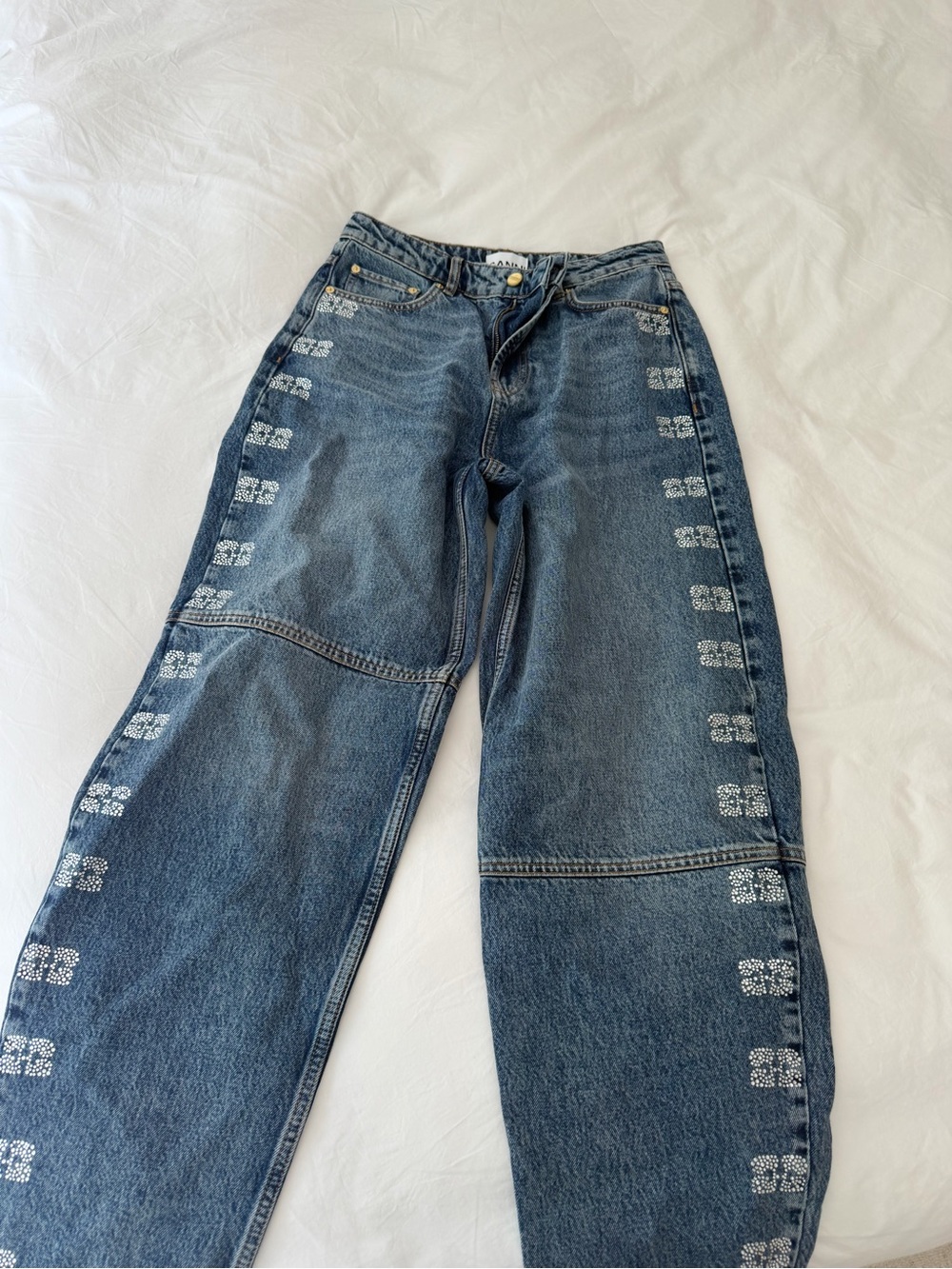 Ganni Blue Wide-Leg Denim Jeans with White Motif